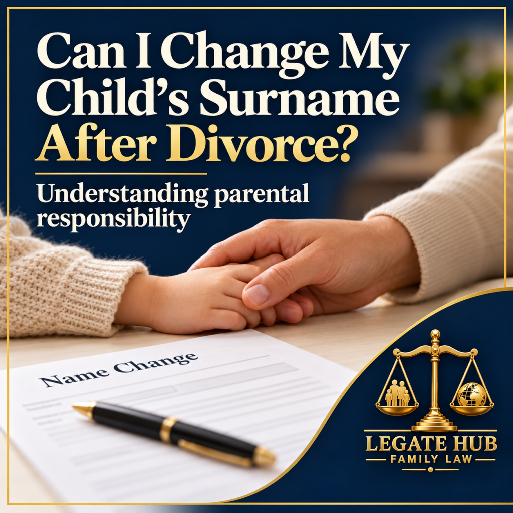 Parent holding a child’s hand beside a name change form, with the title “Can I Change My Child’s Surname After Divorce?” and Legate Hub Family Law logo.