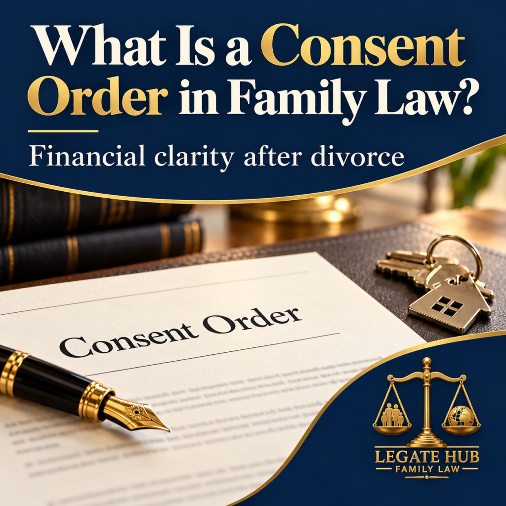 Consent order document with a fountain pen, house keys and the Legate Hub Family Law logo beneath the article title.